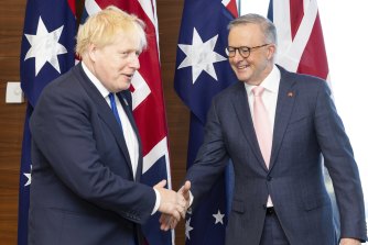 Boris Johnson meets Anthony Albanese at the NATO leaders’ summit in Madrid on Wednesday.