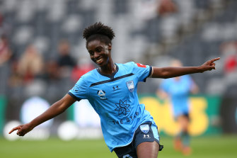 Princess Ibini celebrates one of her two goals against the Wanderers at Bankwest Stadium.