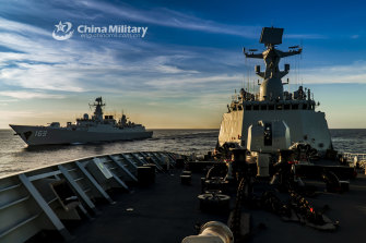 A Chinese frigate and a guided missile destroyer on manoeuvres in the South China Sea in 2020