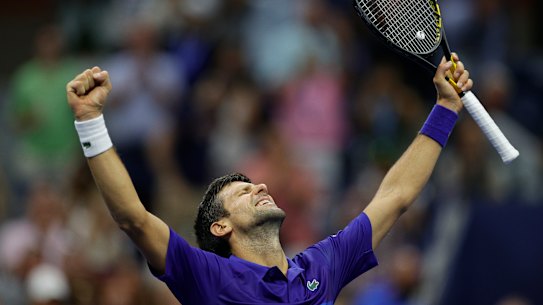 Novak Djokovic unleashes his trademark celebration at the US Open earlier this week.