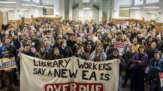 University of Melbourne staff and students gather for a four-hour strike over working conditions.