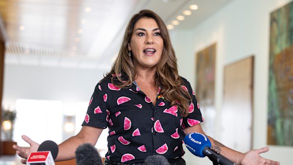 Senator Lidia Thorpe on Tuesday wearing a T-shirt emblazoned with watermelons, which have become a symbol of support for Palestine.