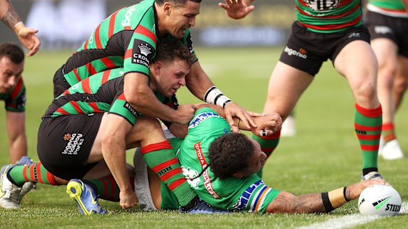 Raiders prop Josh Papali’i scores in his 250th NRL game.