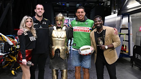Penrith star Isaah Yeo and Canberra counterpart Joseph Tapine at the Golden Knights game.