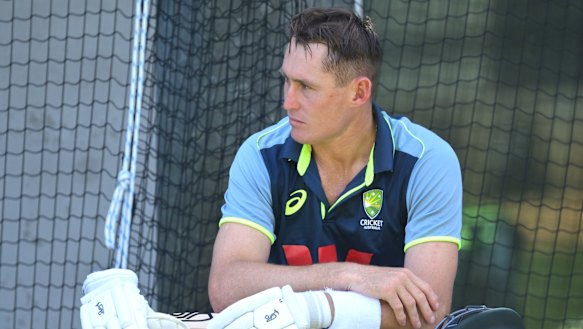 Marnus Labuschagne takes a break after hitting in the MCG nets.