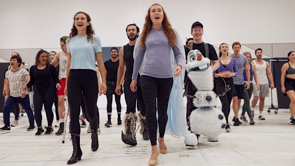 Courtney Monsma (left), who plays Anna, and Jemma Rix, who plays Elsa,  in rehearsals for Frozen the Musical. 