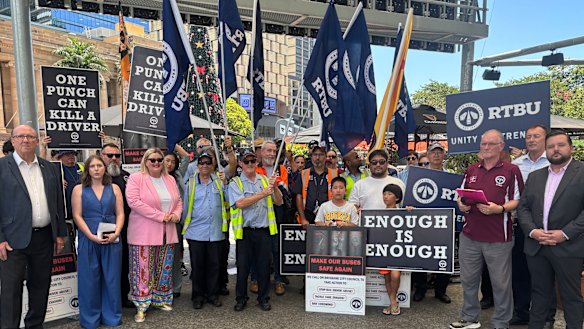 RTBU protest outside Brisbane City Hall on Tuesday afternoon. 