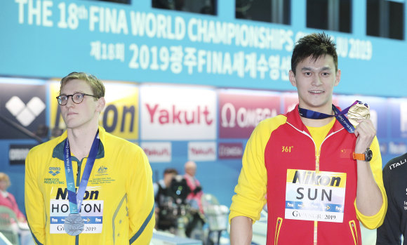 Mack Horton (left) and Sun Yang at last year's world swimming championships.