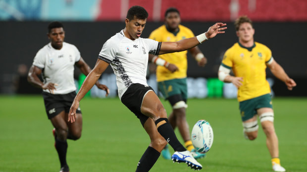 Ben Volavola in action for Fiji as they had Australia under pressure early in the opening pool game in Sapporo.