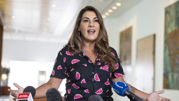 Senator Lidia Thorpe on Tuesday wearing a T-shirt emblazoned with watermelons, which have become a symbol of support for Palestine.