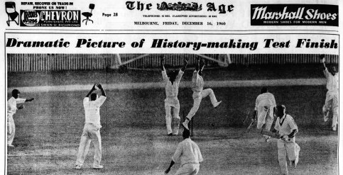 Age photographer Ron Lovitt, shows the tie-making finish in Brisbane on Wednesday of the first Test match between West Indies and Australia.