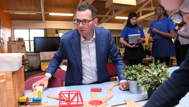 On track to win: Premier Daniel Andrews appeared relaxed as he visited a Cranbourne West school on the final day of campaigning.