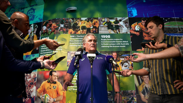 Great Scott: Australia's director of rugby, Scott Johnson, addresses the media on Friday in Sydney. 