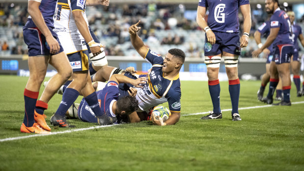 Rob Valetini scoring his first Super Rugby try against the Melbourne Rebels earlier this year. 