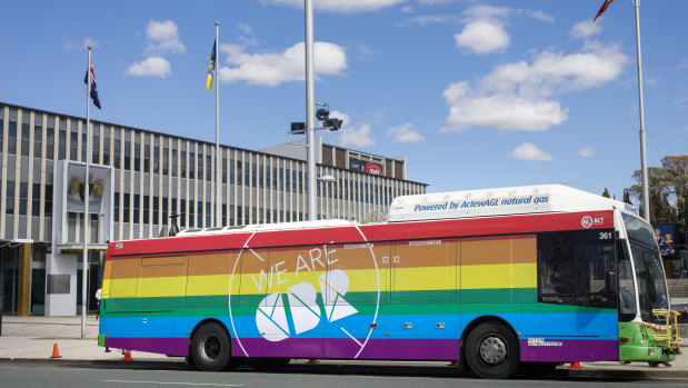 Canberra buses were painted rainbow as part of the campaign, with the government using public money for the Yes vote.