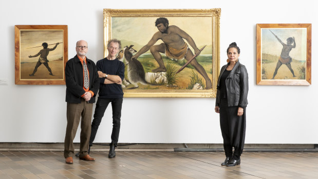 Co-curators of the exhibition, Professor Greg Lehman from the University of Tasmania and Dr Tim Bonyhady from the ANU, with National Gallery of Australia senior curator of Aboriginal and Torres Strait Islander Art Franchesca Cubillo.