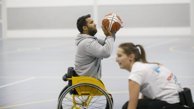 Canberra Chargers wheelchair basketball players at training on Monday night.