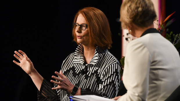 Former Australian prime minister Julia Gillard with Kristina Keneally at the Pyrmont Theatre ICC on Wednesday.