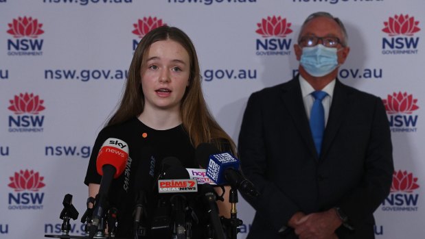 Year 9 student Alyssa Horan, who welcomed the announcement of the social bubble, with NSW Health Minister Brad Hazzard.