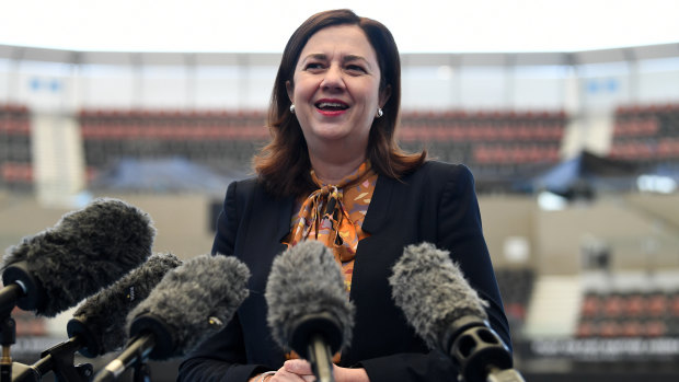 Queensland Premier Annastacia Palaszczuk speaks at a press conference at the Pat Rafter Arena in Brisbane to acknowledge Ash Barty's new world number one ranking.