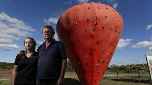 Strawberry farmer Rob Trost with his daughter Ashleigh  on their property in Elimbah, Queensland.