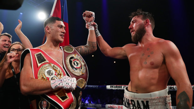 Jai Opetaia celebrates winning the National Boxing Series cruiserweight bout against Mark Flanagan at the Hordern Pavilion.
