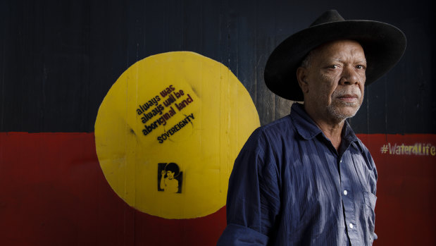 Frontier Wars Story Camp convener Chris "Peltherre" Tomlins at the Aboriginal Tent Embassy on Tuesday.