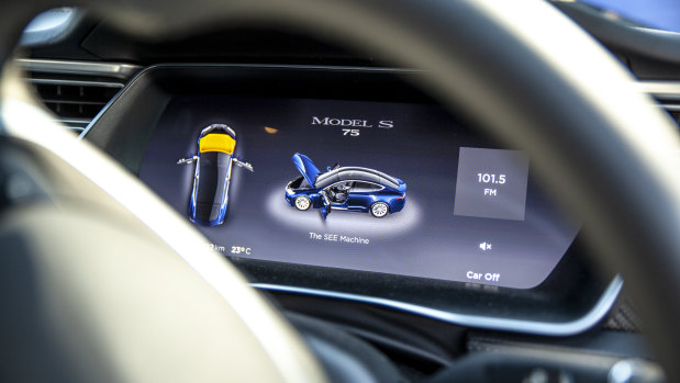 The interior of a Tesla equipped with Seeing Machines' driver monitoring technology.