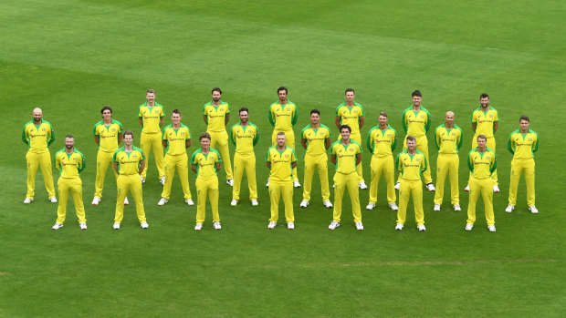 The Australian side pose for a socially distanced photo in England. 