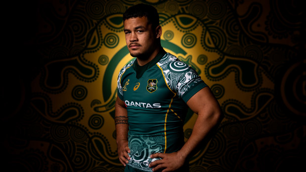 Hunter Paisami poses in the Australian Wallabies 2020 First Nations Jersey.