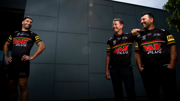 Penrith skipper James Tamou looks over his shoulder at Greg Alexander and Craig Gower, the last two captains to lead the Panthers to premiership glory.