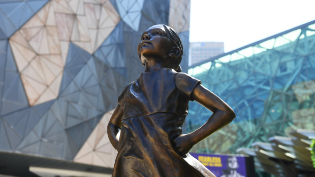 A replica of Fearless Girl stands in Melbourne's Federation Square, for now, 