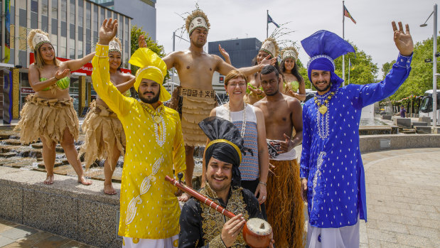 Members of the United Nesian Movement and Varis Punjab De dance groups help Minister for Multicultural Affairs Rachel Stephen-Smith launch the 2018 National Multicultural Festival.
