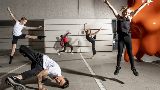 Gearing up for Dance Week (from left): Matthew Erlandson, a full-time student at Dance Development Centre; Project Beats director Chip Lo; contemporary dancer Hikma Aroub; independent dance artist Debora Di Centa; and Bom Funk dance studio student Emily Mullins.