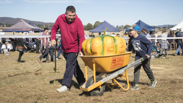 John Cooper takes on the wheelbarrow run challenge with 7-year-old Canberran Kayne Yarred.