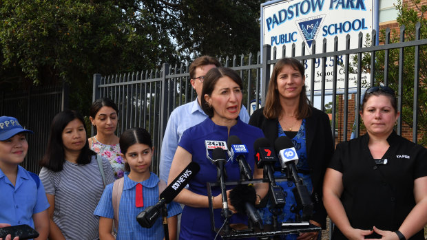 Gladys Berejiklian holds a press conference outside Padstow Park Public School on Monday.
