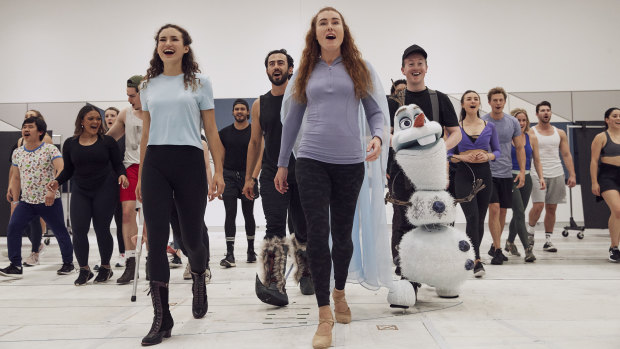 Courtney Monsma (left), who plays Anna, and Jemma Rix, who plays Elsa,  in rehearsals for Frozen the Musical. 