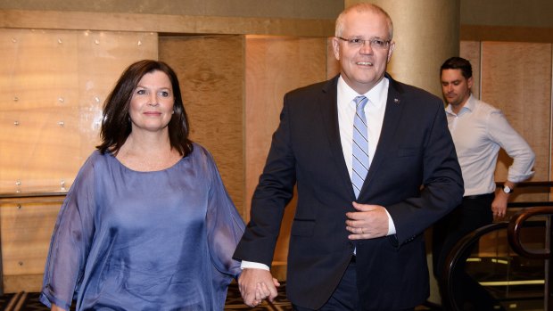 Prime Minister Scott Morrison arrives at the ballroom of the Sofitel Wentworth in Sydney for the celebrations.