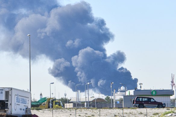 Smoke rises after an Iranian drone attack struck fuel tanks in Kuwait City on April 1.