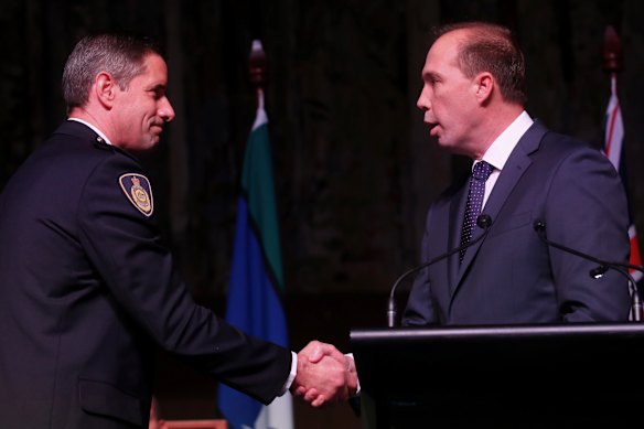 Peter Dutton at the swearing in ceremony of the inaugural Border Force commissioner Roman Quaedvlieg on July 1, 2015.