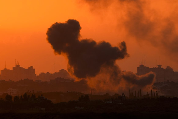 Smoke rises following an Israeli airstrike in the Gaza Strip, as seen from southern Israel.