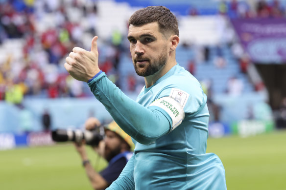 Skipper Maty Ryan celebrates the Socceroos’ first World Cup win in 12 years.