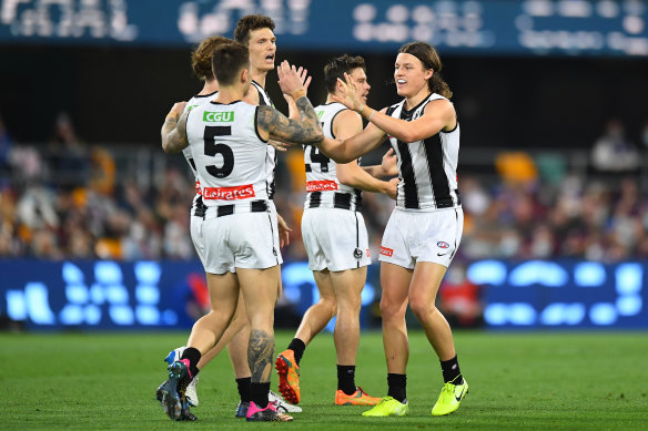 Jack Ginnivan enjoys the moment after booting a goal against the Brisbane Lions on the weekend.