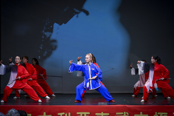 Tai Chi Master Wendy Hui Jiang (centre) performs at Box Hill Town Hall on Thursday. 