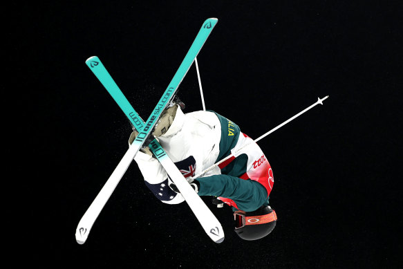 Jakara Anthony in action during the women’s freestyle moguls qualification at Genting Snow Park in Zhangjiakou.