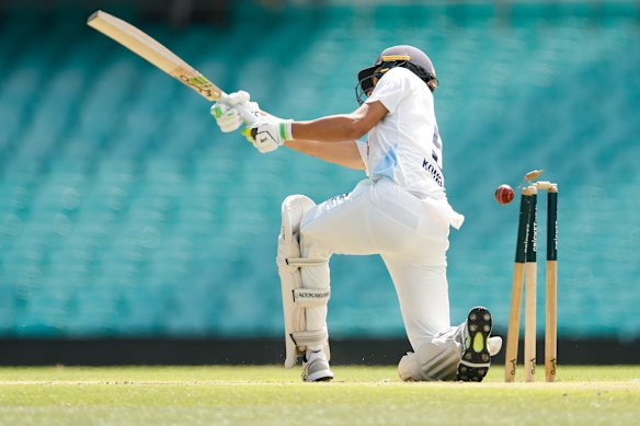 Sam Konstas is bowled by Scott Boland during a Sheffield Shield match in February. 