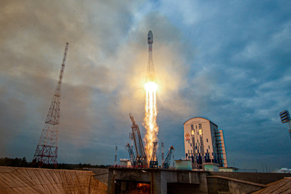 Luna-25 blasts off from a launchpad at the Vostochny Cosmodrome in the far eastern Amur region, Russia.