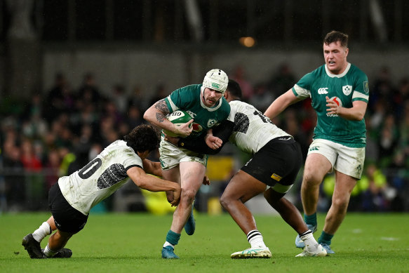 Canberra-born Mack Hansen in action for Ireland against Fiji.