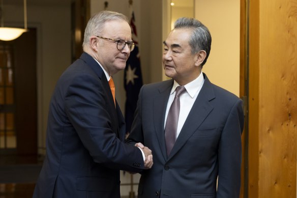 Prime Minister Anthony Albanese greets Chinese Foreign Minister Wang Yi earlier this week.