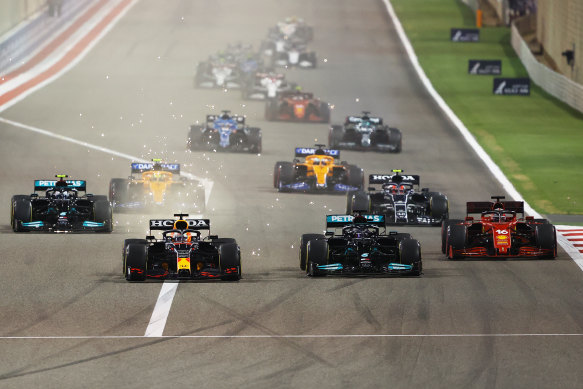 Max Verstappen and Lewis Hamilton (front two cars) in Bahrain.